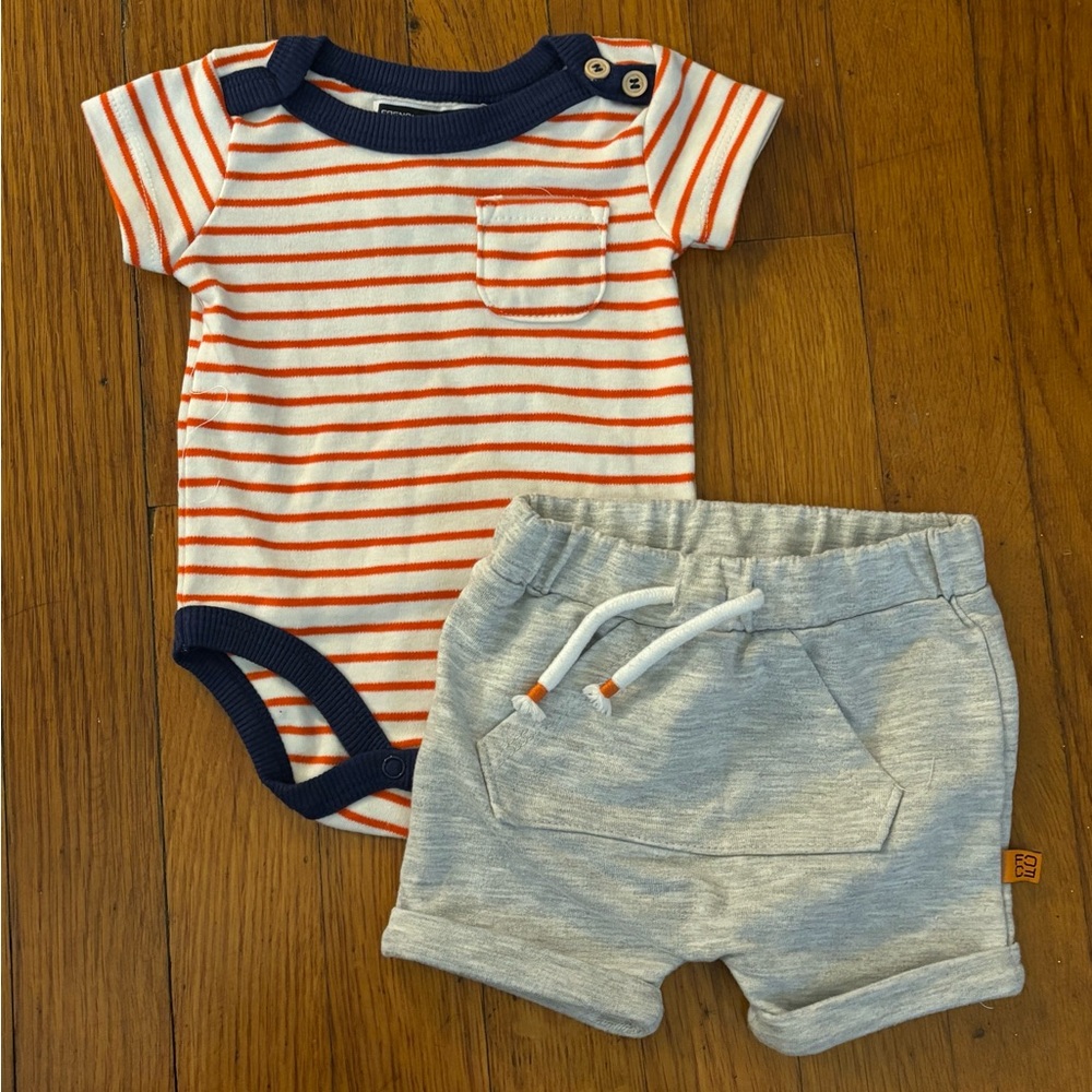 French Connection Red and Navy Striped Onesie with Gray Shorts